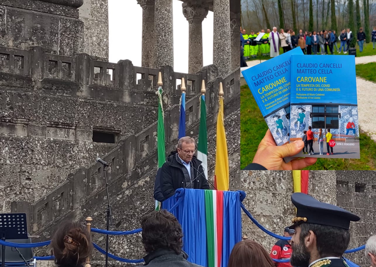 Claudio Cancelli questa mattina a Bergamo, in alto la copertina del libro