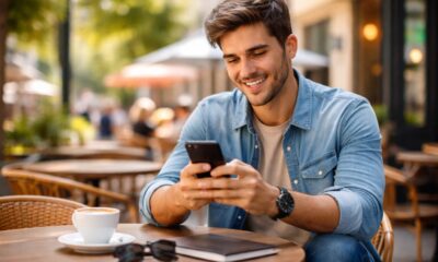 Ragazzo con smartphone al tavolino di un bar