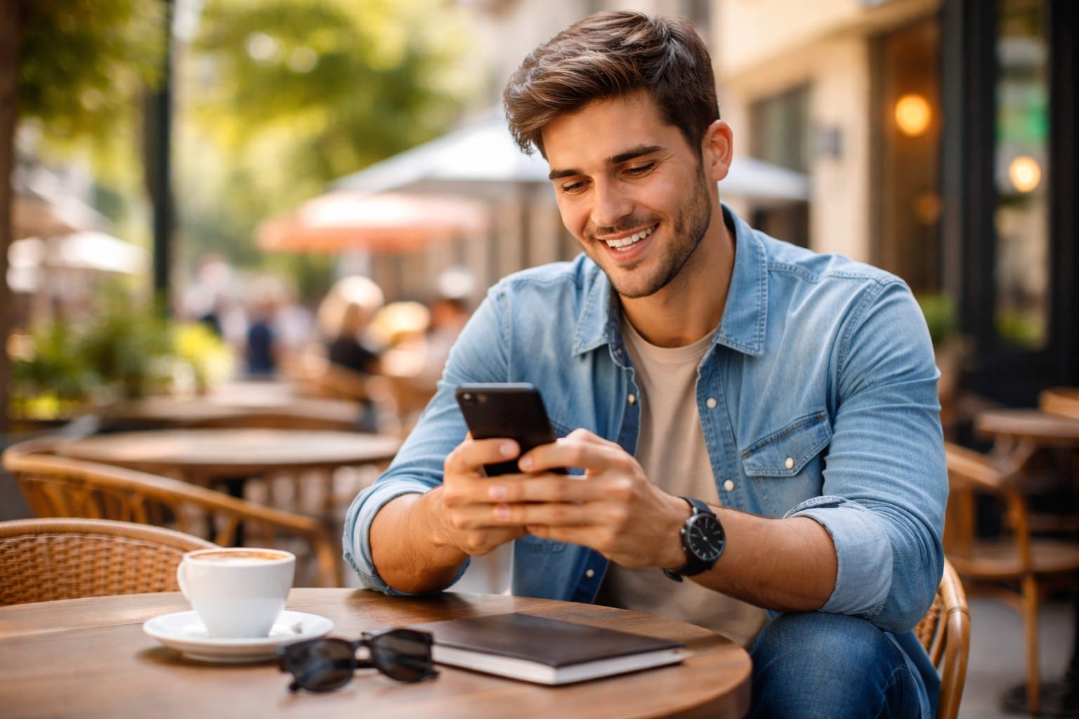 Ragazzo con smartphone al tavolino di un bar